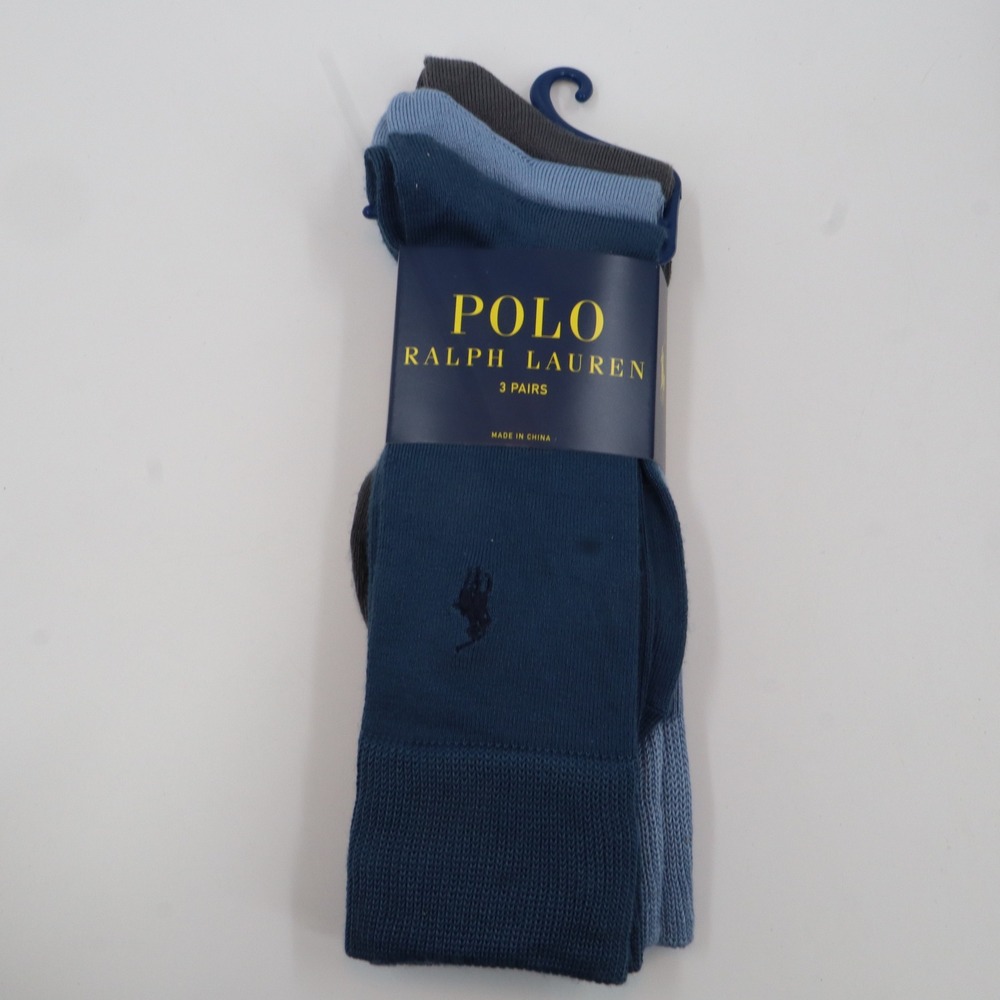 Polo Ralph Lauren Crew Socks Mens 10-13 Blue Grey 3 Pack Embroidered Pony Logo